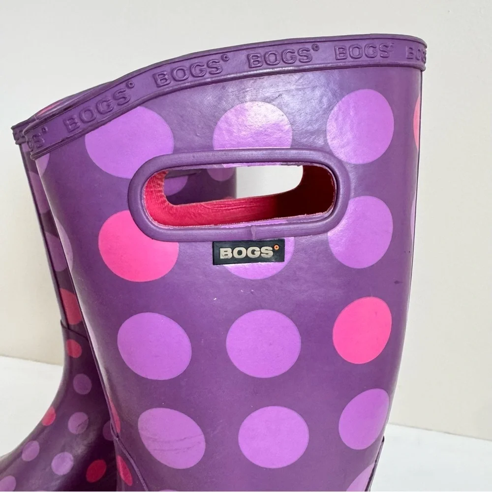 Bogs Rubber Pull On Waterproof Rain Boots Polka Dot Purple Big Kids Youth Size 5